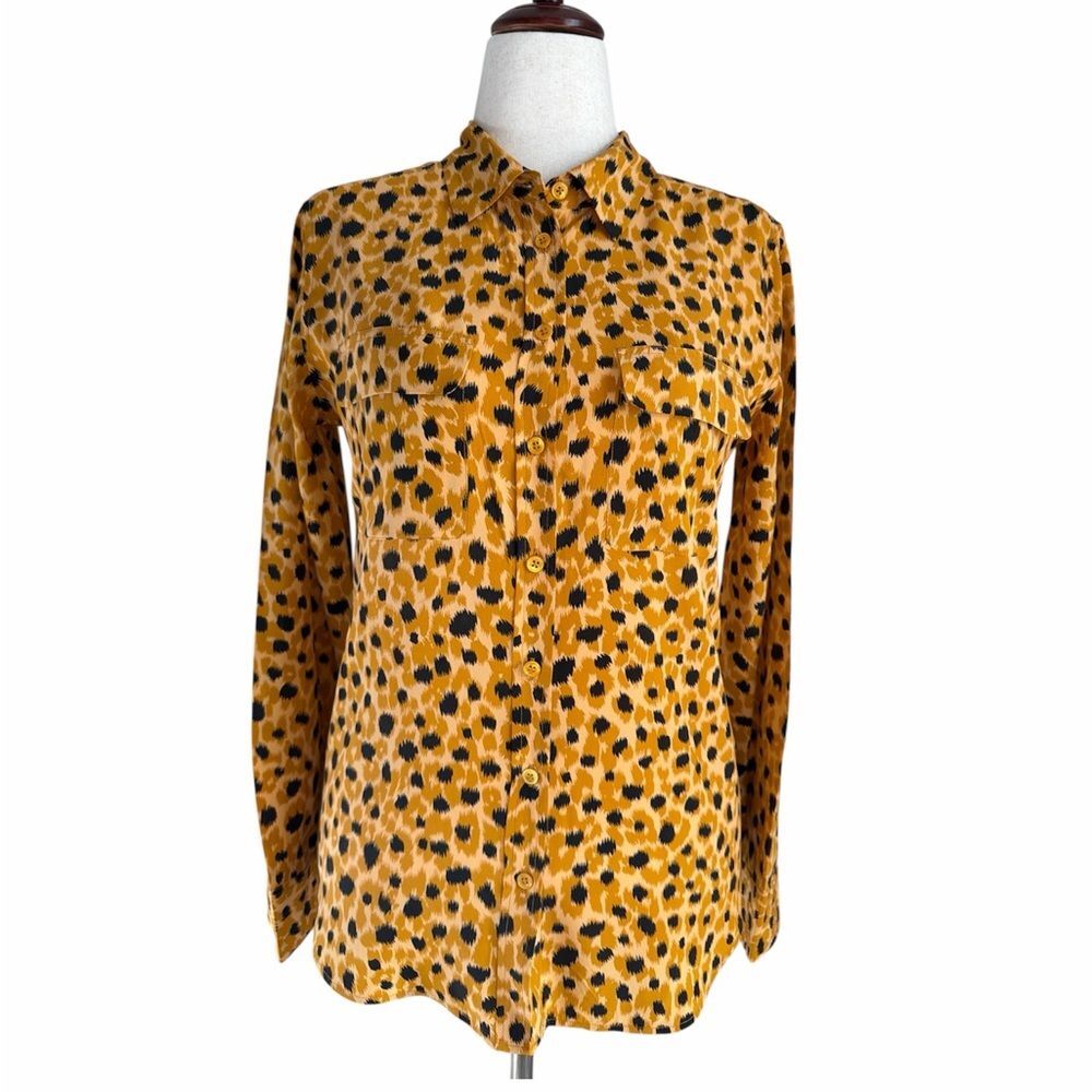 Equipment Femme Signature Silk Blouse M Mustard Leopard Button Down Shirt